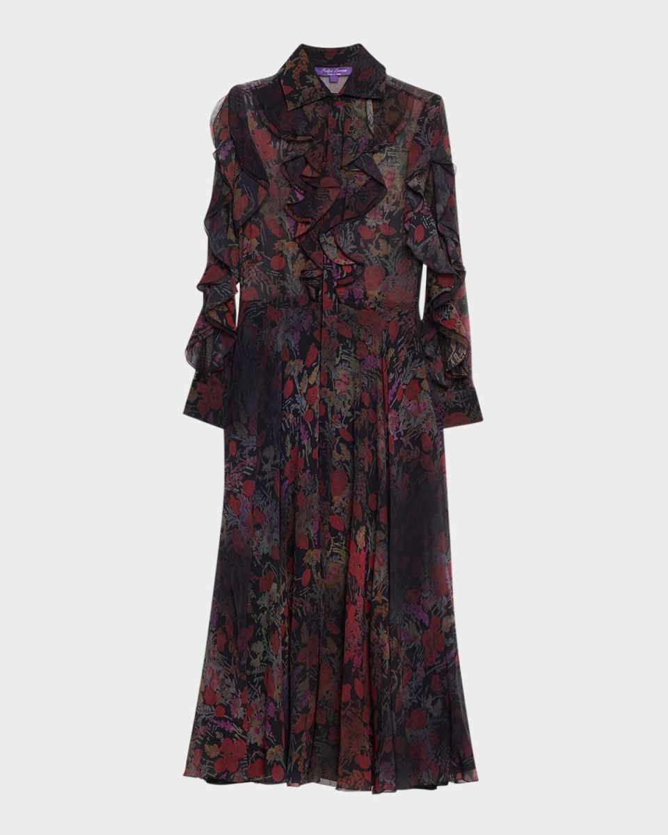 Mesh-Inset Ruffle Chiffon Long-Sleeve Maxi Shirtdress